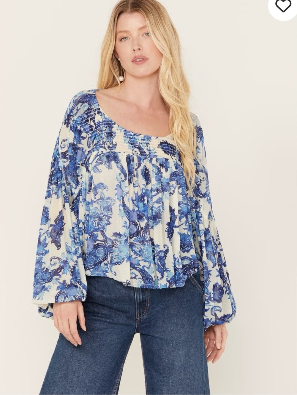 Free People Blue and White Floral Peasant Blouse